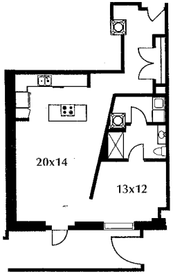 C1 floor plan #211 The floor plan includes a kitchen and living area, a bedroom, a bath, and a terrace. No door on bedroom.