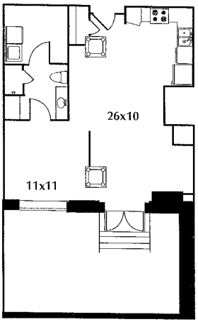 C10.1 floor plan #712 The floor plan includes a kitchen, living area, bedroom, bath, and terrace. No door on bedroom.
