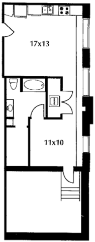 C11.1 floor plan #713 The floor plan includes a kitchen and living area, a bedroom, a bath, and a terrace. No door on bedroom.