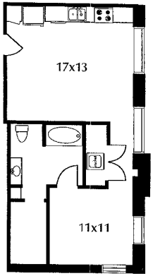 C11 floor plan #1013 The floor plan includes a kitchen and living area, a bedroom, and a bath. No door on bedroom.