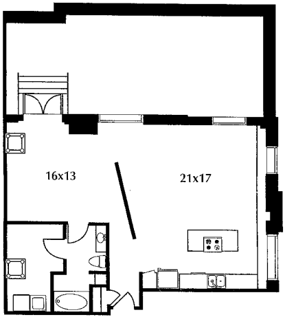 C12.1 floor plan #714 The floor plan includes a kitchen and living area, a bedroom, a bath, and an enormous terrace. No door on bedroom.