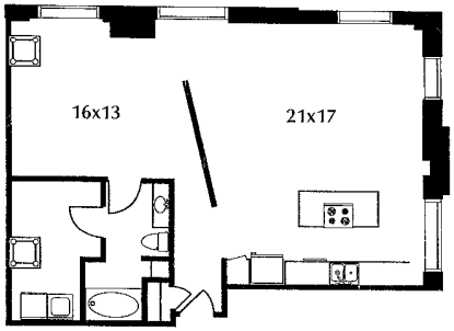 C12 floor plan #814 The floor plan includes a kitchen and living area, a bedroom, and a bath. No door on bedroom.