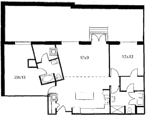 C13.1 Floorplan #715 The floor plan includes a kitchen, a living area, two bedrooms, two baths, and an enormous terrace.