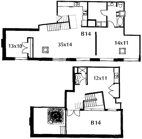 C14 Floor Plan #1411 The two-level floor plan includes a kitchen, living area, two bedrooms, two baths, an additional room, and a terrace.