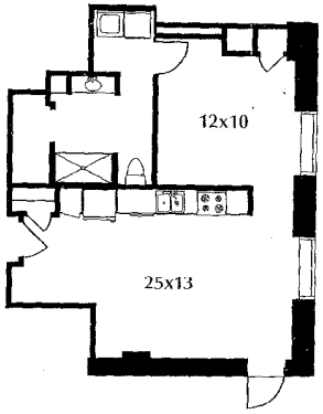 C2.1 floor plan #213 The floor plan includes a kitchen and living area, a bedroom, a bath, and a terrace. No door on bedroom.