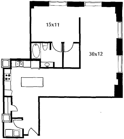 C4 floor plan #315 The floor plan includes a kitchen and living area, a bedroom, and a bath. No door on bedroom.