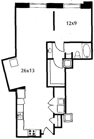 C5 floor plan #316 The floor plan includes a kitchen and living area, a bedroom, and a bath. No door on bedroom.