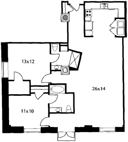 C7.1 floor plan #511 The floor plan includes a kitchen and living area, two bedrooms, two baths, and a balcony.