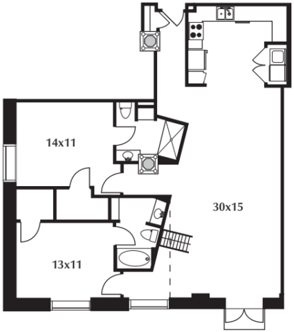 C7.2 floor plan #611 The floor plan includes a kitchen and living area, two bedrooms, two baths, a loft, and a balcony.