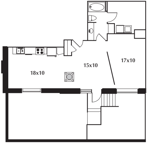 C9.1 floor plan #711 The floor plan includes a kitchen, living area, bedroom, bath, and terrace. No door on bedroom.