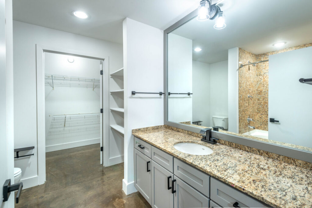 Bathroom vanity with grey cabinets, granite countertop, and an oval sink, adjacent to an open doorway leading into a walk-in closet with wire shelving.